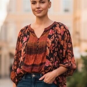 Floral Print Blouse‎ Womens L 3/4 Sleeve Brown Red Orange Flower Anthropologie